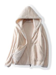 Lässiger Winter Hoodie Für Damen Kunstwollmantel Mit Taschen Mit Kapuze Teddy Fleecejacke Für Oberbekleidung, Farbe: Creme farben, Größe: M