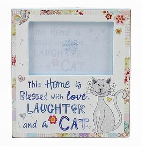 Shabby Chic Fotorahmen für Katzenfreunde "This Home is blessed with Love, Laughter and a Cat"