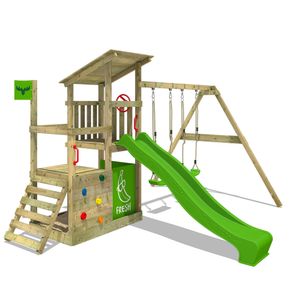 FATMOOSE hrací věž s prolézačkou FruityForest s houpačkou a skluzavkou, lezeckou věží s pískovištěm, žebříkem a herními doplňky - zelená jablka