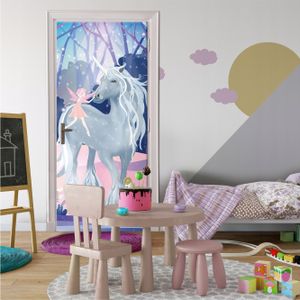 Tapeta na dvere detskej izby jednorožec dievča - 91x211 cm jednodielna - netkaná textília plagát na dvere vrátane vloženia fototapety na stenu nálepka na dvere detská fólia tapeta odolná voči UV žiareniu pripravená na zavesenie