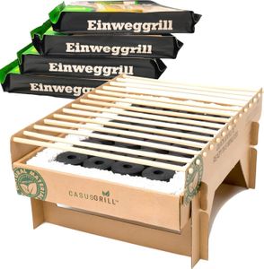 5x Öko Einweggrill Einmalgrill Nachhaltig -Einmal Grill rauchfrei 31 x 23,5cm Bambus Kohle und Grillrost, natürlichen Materialien