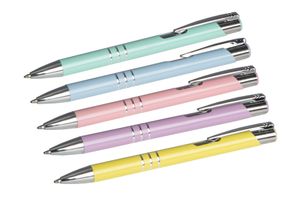 5 Kugelschreiber "Pastell" aus Metall / Pastell-lila,blau,mint,rosa,gelb