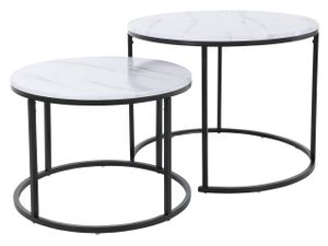 MIRJAN24 Set 2 Couchtische Idunes, beinhaltet zwei Tische, Sofatisch, pulverbeschichtetem Metall (Farbe: Schwarz / Weiß Marmor)