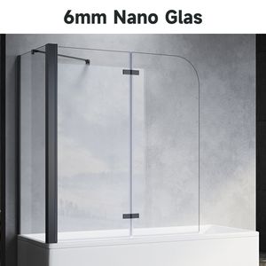 SONNI Badewannenaufsatz faltbar Schwarz 120x140cm NANO Glas ESG 6mm Duschabtrennung für Badewannen mit Seitenwand 70x140 cm