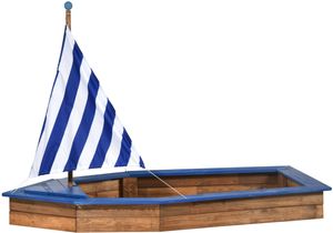 dobar Sandkasten ausHolz im Schiff-Design, blau-weißes Segel und Spielzeugtruhe (2x EN-72-), 180 x 96 x 125 cm