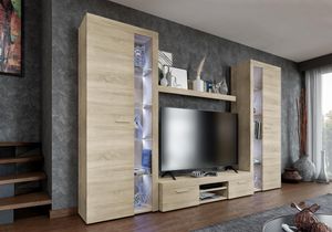 Aktion SALE!!! FURNIX Mediawand RIVAY XL Wohnwand 4-teilig mit LED, Vitrine, TV Schrank, Highboard 300 cm für Wohnzimmer klassisch Eiche Sonoma