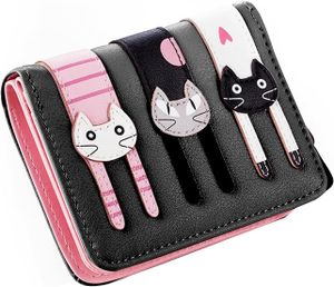 Leap Cartoon-Katzen-Geldbörse für Damen, mit Katze verziertes Reißverschluss-Geldbörse, kleine Leder-Geldbörse mit Reißverschluss, Mädchen-Geschenk (schwarz)