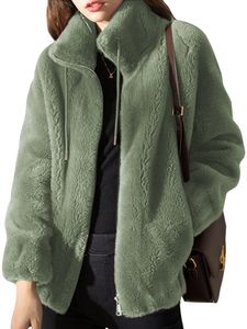 Frauen Stehen Kragen Mockt Winter Warme Langarm Outwear Plüsch Strickjacken Sherpa Jacken,Farbe:Grün,Größe:M
