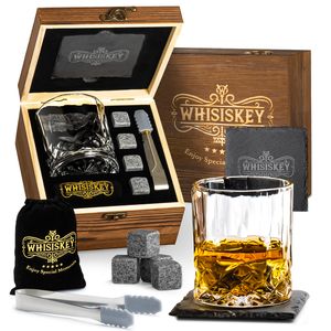 Whisiskey® - Whisky Gläser Zubehör Set – Whiskygläser - inkl. 6 Whiskey Steine, 1 Glas, Zange & 1 Untersetzer - Kühlsteine - Geschenkset – Whiskey gläser - Geschenke für Männer – Eiswürfel Wiederverwendbar - Geschenkset & Kein Verwässern für Whiskey, Wodka, Gin