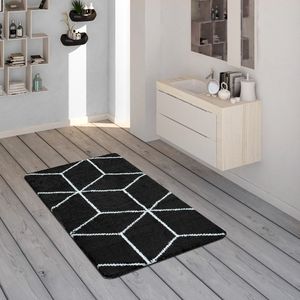Badematte Mit Rauten-Muster, Kurzflor-Teppich Für Badezimmer In Schwarz Weiß Grösse 60x100 cm