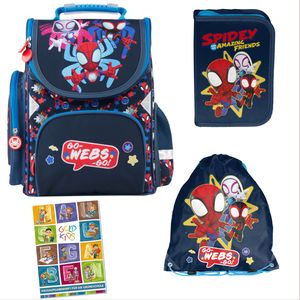 Schulranzen für Mädchen, 4er-Set - Schul-Rucksack für Kinder mit Federmäppchen - Schuhbeutel und Hausaufgabenheft - Spiderman Motiv - 1-3 Klasse