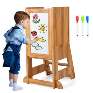 COSTWAY Lernturm Kinder, 2 in 1 Tritthocker Montessori mit 3 verstellbare Höhen, 70 kg Belastbar (Natur)