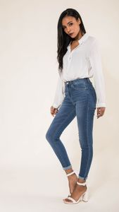 Damen Skinny Denim Jeans Stretch High Waist Slim Fit Umschlag Röhrenjeans Schmale Push Up Hose, Farben:Blau, Größe:42