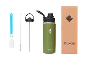 RAIKOU Trinkflasche 532ml Wasserflasche Thermoflasche mit 2 Deckel Olive