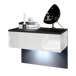 Vladon Nachttisch Sleep,  Germany, Nachttischschrank mit Schublade zur Wandmontage, Schwarz matt/Weiß Hochglanz, inkl. LED-Beleuchtung (60 x 46 x 35 cm)