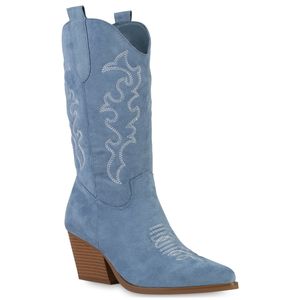 VAN HILL Damen Stiefel Cowboystiefel Stickereien Schuhe 839969, Farbe: Hellblau Velours, Größe: 39