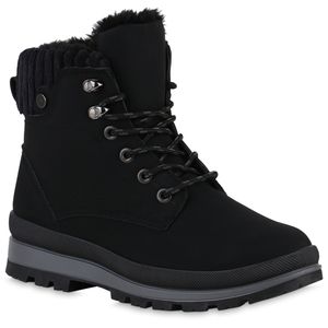 VAN HILL Damen Warm Gefütterte Worker Boots Profil-Sohle Bequeme Schuhe 840852, Farbe: Schwarz, Größe: 36