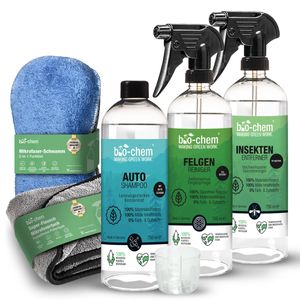 bio-chem Autopflege Außenreinigung Set 5-teilig zur kompletten Auto-Reinigung von Autos und E-Autos außen I Auto-Shampoo, Felgenreiniger, Insektenentferner inkl. Mikrofasertuch und 2-in-1 Schwamm