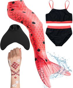 Meerjungfrauenflosse für Mädchen, Kinder, Jugendliche Schwimmfosse mit Bikini und Tattoos Meerjungfrau Marinella (rot-schwarz) Ladybug Körpergröße bis 160cm