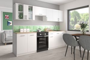 Roe Furniture | Küchenzeile - 260 cm - Weiß Matt - Einbauküche, Küchenblock, Singleküche, Singleküchenblock, Küchen - Tischplatte Braun
