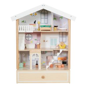 Classic World Großes Puppenhaus aus Holz, 2 Figuren, NATURHOLZ, 28 Elemente