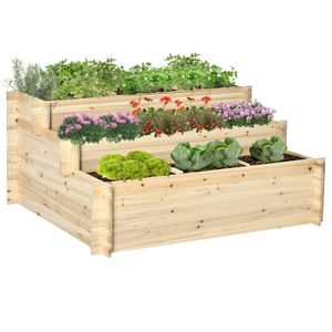 Outsunny Hochbeet, 3-stufige Blumenkasten, Pflanzenbeet, Kräuterbeet, Blumentreppe, Pflanzentreppe für Garten, Balkon, Tannenholz, Natur, 117 x 100 x 54 cm