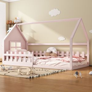 Flieks Kinderbett Hausbett 90x200cm mit Lattenrost, Bodenbett Einzelbett mit Rausfallschutz, Holzbett Spielbett Kinderzimmer, Rosa