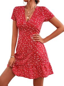 Damen Floral Print Dress Beach V Neck Dresses Casual Short Sleeve Sundress,Farbe:Red,Größe:XL