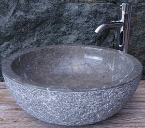 Massives Rundes Marmor Aufsatz-Waschbecken, Waschschale, Naturstein Handwaschbecken - Ø 45 cm Modell 14, Grau, Waschtische & Waschbecken