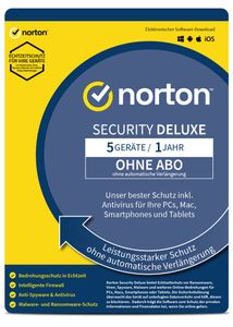 Norton Security Deluxe 5 Geräte / 1 Jahr - 2024 - ESD / Download - Inklusive Antiviren Software - für Windows, Mac, Android, iOS - OHNE ABO