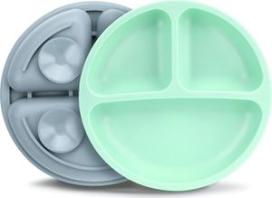 Kinderteller mit Saugnapf Rutschfest Silikon Baby Teller BPA Frei Babyteller Kinder Tischset Babygeschirr Spülmaschinenfest für Kleinkinder 2 Stück (Fernblau Minzgrün)