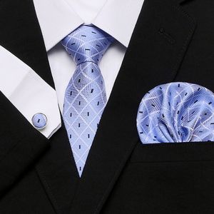 Krawatte, Halstuch, Manschettenknöpfe, Set mit Krawatte und Einstecktüchern, Hochzeitsgeschenk, karierter Aufdruck, seidig glatt, formeller Business-Stil, Pendeln, Hochzeitsfeier, Krawatte, Himmelblau
