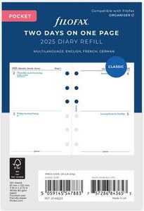 FILOFAX Kalendereinlage 2025 - POCKET - 2 Tage = 1 Seite - weiss mehrsprachig - 25-68223