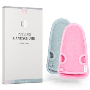 LoWell® 2 Stück Peelinghandschuh - Hamam Peeling Handschuh für Körper und Gesicht - Bonus Peeling Guide und 2 Saugnäpfe - Grau/Pink