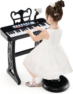 Kinder Keyboard, 37 Tasten E-Piano mit Notenständer & Mikrofon & Hocker, Klavier Spielzeug für Kinder ab 3 Jahren, Belastbar bis 50kg (Schwarz)
