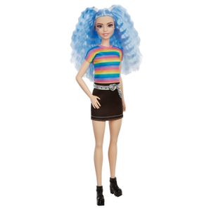 Barbie Fashionistas Puppe (blaue Haare) im Regenbogen-Shirt und Rock
