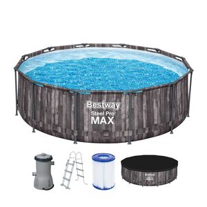Bestway® Steel Pro MAX™ Auftstellpool-Komplett-Set mit Filterpumpe Ø 427 x 107 cm, Holz-Optik (Mooreiche), rund