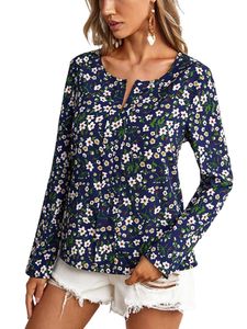 Damen Blusen Baggy Tops Elegant V-Ausschnitte Punkte Langarm T-Shirt Sommershirt Dunkelblaue Blume,Größe S