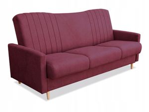 Schlafsofa LERMA, Sofa mit Schlaffunktion und Bettkasten, Klappsofa, Schlafcouch mit Füßen aus Naturholz, Couch in Veloursstoff, Frabe: Bordeaux