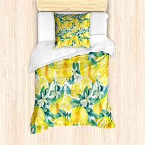 ABAKUHAUS Garten Bettbezug Set für Einzelbetten, Zitronen-Zitrus-Zweige, Milbensicher Allergiker geeignet mit Kissenbezug, Gelb