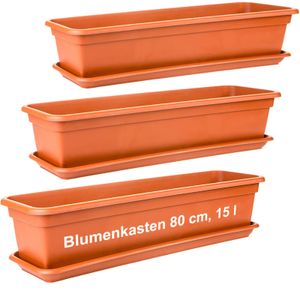 2friends Blumenkasten Set 80cm, Terracotta – 3er-Set Balkonkästen mit Untersetzer, Hochwertiger Kunststoff, EU