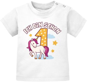 Baby T-Shirt Einhorn Alter Zahl Spruch Ich bin schon 1 (2) Geburtstagsshirt für Mädchen kurzarm Baumwolle MoonWorks® 1 Jahr weiß 80/86 (10-15 Monate)