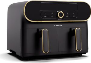 Klarstein AuraAir Color Touch Dual Heißluftfritteuse – 11L Dual-Kammer Airfryer, 1700 W, 8 Programme, Touchscreen, Weniger Fett, Antihaft, Überhitzungsschutz, Automatische Abschaltung, Schwarz/Gold