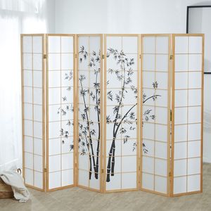 Homestyle4u 394, Paravent Raumteiler 6 Teilig, Holz Natur, Reispapier Weiß Motiv Bambus, Höhe 175 cm