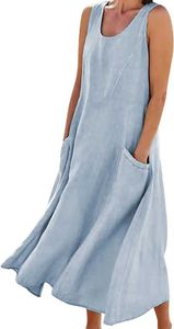 ASKSA Dámské letní bavlněné šaty s nádrží Plážové šaty volné Letní šaty s kapsami, světle modrá, M