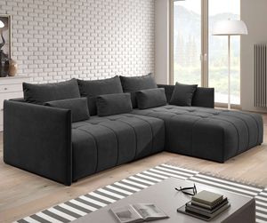 FURNIX Yalta Eckcouch L-Form  Couch Sofa Schlafsofa mit Schlaffunktion Betkasten und Kissen modtern EN25 Dunkelgrau