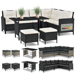 Juskys Polyrattan Lounge Manacor - Sofa, Tisch, Hocker & Kissen - Schwarz & Creme