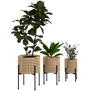 Outsunny 3er-Set Pflanzenständer Blumenständer mit Rattanoptik Pflanzenhocker Blumenhocker für Innen und Außenbereich Stahl Gold