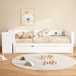 Babybett 90*200cm, Flachbett, mit ausziehbarem Bett, mit Schreibtisch, drei Regale an der Seite des Bettes