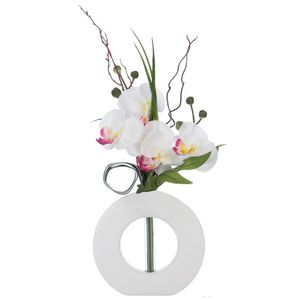 Künstliche Orchidee in einer nicht-traditionellen Vase, spektakuläre Ornament in Form von bunten Blumen - Atmosphera